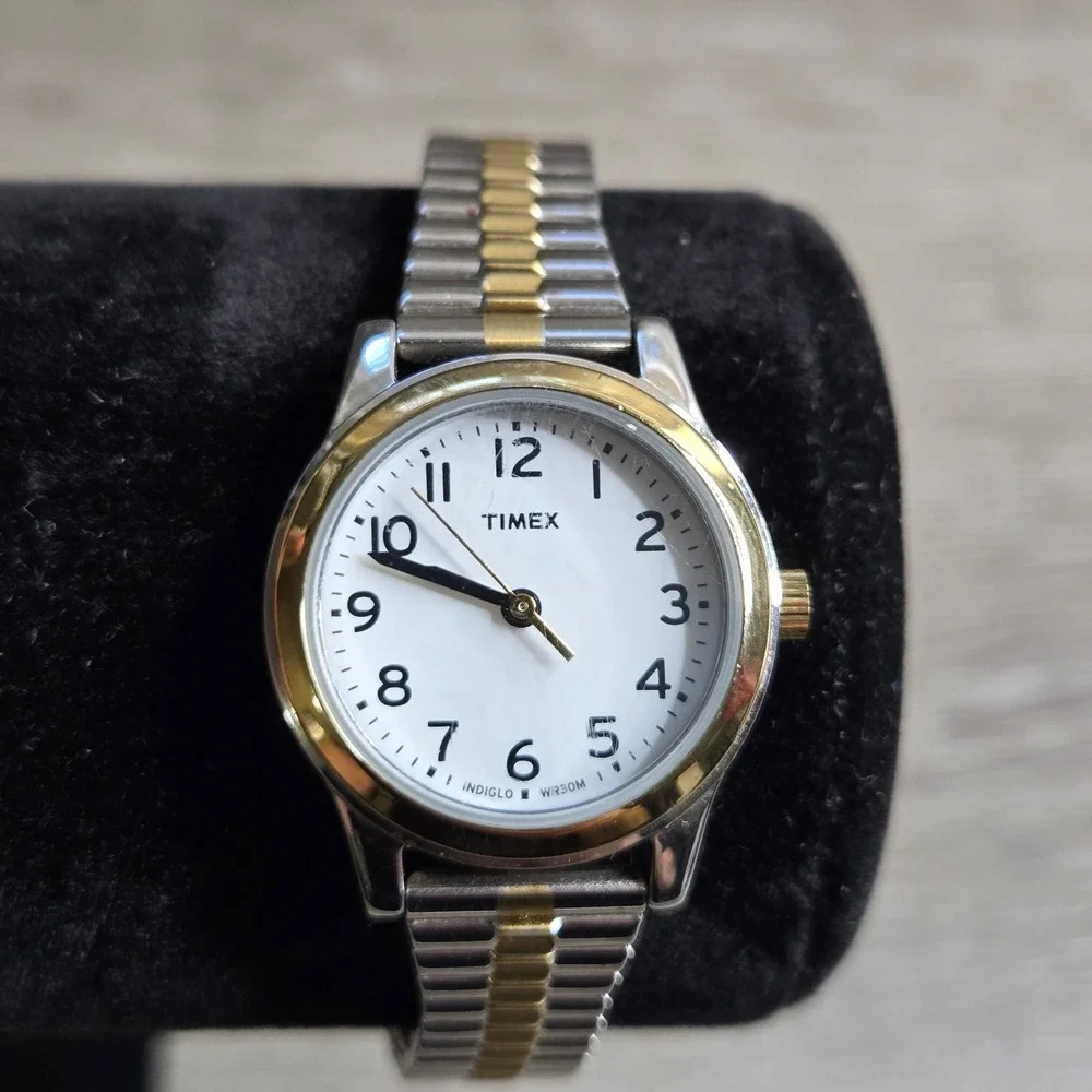 Timex Indiglo Women's Watch T2H371 Two Tone Expansion Band White Dial WR 30M S6